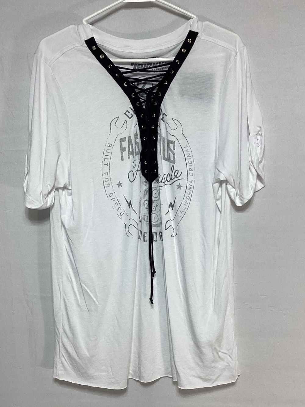 NWT Fast &Furious by Affliction XL White Short-Sleeve Lace-Up Graphic Tee